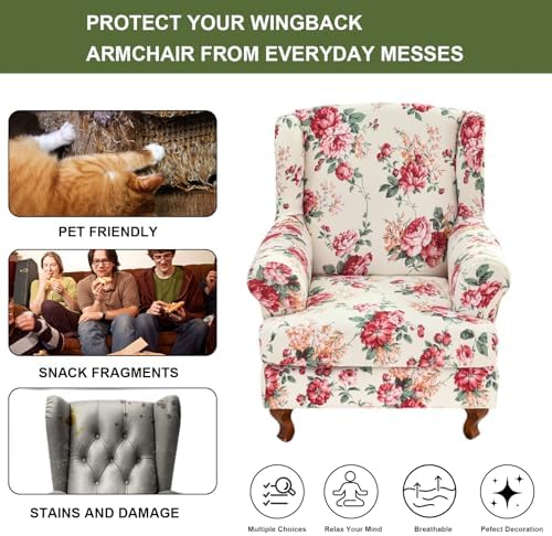 HAOYONG Wing Chair Slipcovers Stretch Wingback Chair Covers Printed 2 Pieces Wingback Armchair Slipcover Elastic Chair Slip Covers Washable Armchair Protector Cover for Living Room and Bedroom