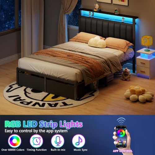 Furnulem Full Size Bed Frame with Storage Drawers and Upholstered Headboard