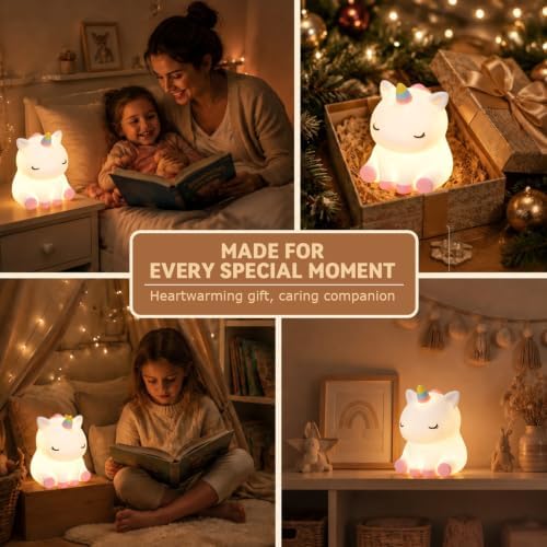 Rytinazzz Unicorn Night Light for Kids, Rechargeable Silicone Unicorn Lamp with Tap Control, 30-Min Auto-Off Timer, Soft Dimmable Nursery Bedside Light, Gifts for Girls
