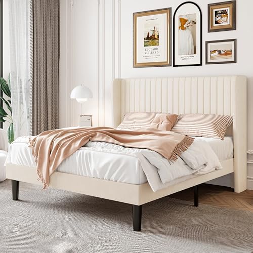 SHA CERLIN Full Size Velvet Bed Frame, Tufted Wingback Headboard, Cream