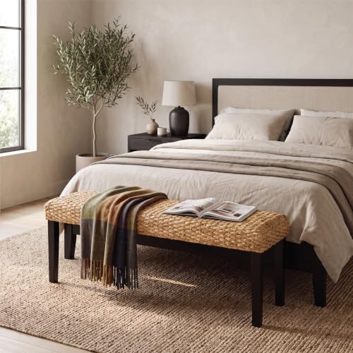 Solid Wood Acacia Indoor Bench, Water Hyacinth Seat, Black Leg, Plait Style
