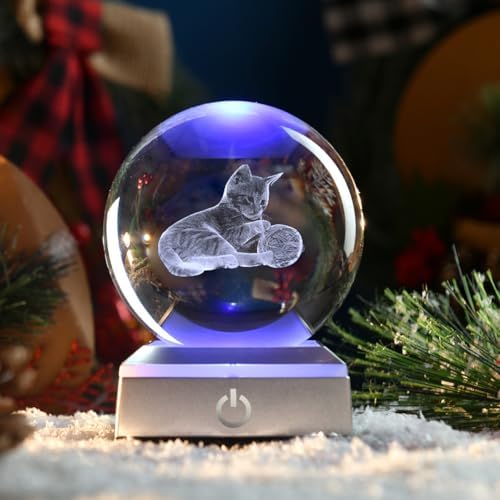 80mm Cat Lover Gifts for Women 3D Night Light Cat Crystal Ball