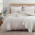 Bedorm Beige Duvet Cover Queen Shabby Chic Bedding Soft Breathable Washed Microfiber Ruffle Duvet Cover Coquette Cute Comforter Cover Girls Women