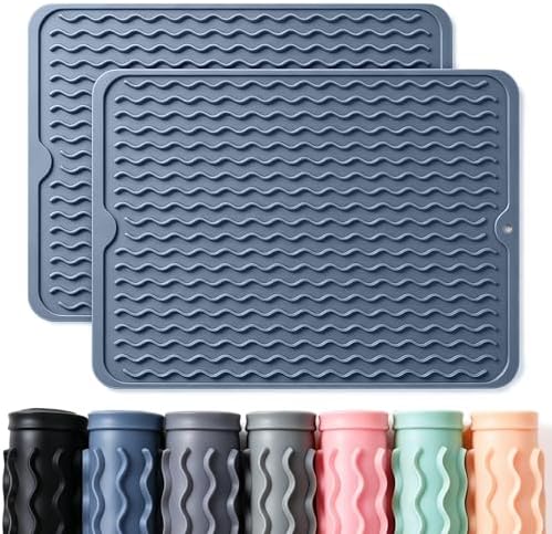 CAKETIME 2 Pack Silicone Dish Drying Mat for Kitchen Counter Multiple Usage for Placemats Shower Caddy Organizer Sink Protector Office Coffee Bar Accessories Crafts Pioneer Woman Stuff 15"x11.5" Blue