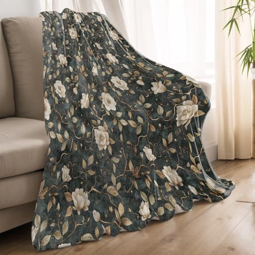 Vintage Floral Blanket Lightweight Blankets Gifts for Women Flannel Throw with Beige Flower and Gold Vine on Dark Background Printed for Sofa, Bed, Travel, Retro Decor Throws 50x40 Inch