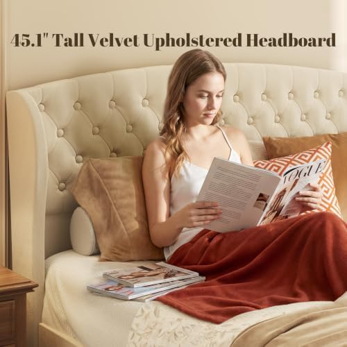 HISOFT King Platform Bed Frame, Velvet Upholstered Sleigh Bed with Wingback Tufted Headboard and Footboard, Noise-Free Design, Easy Assembly, No Box Spring Needed, Light Beige