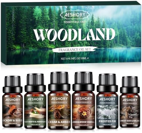 Wood Essential Oils Set, Woody Scent Fragrance Oil Kit, Aromatherapy Oils for Diffusers (6 * 10ML), Sandalwood &Vanilla, Forested Fir,Palo Santo&Mahogany,Cedar & Amber, Oud &Balsam,Hickory&Suede