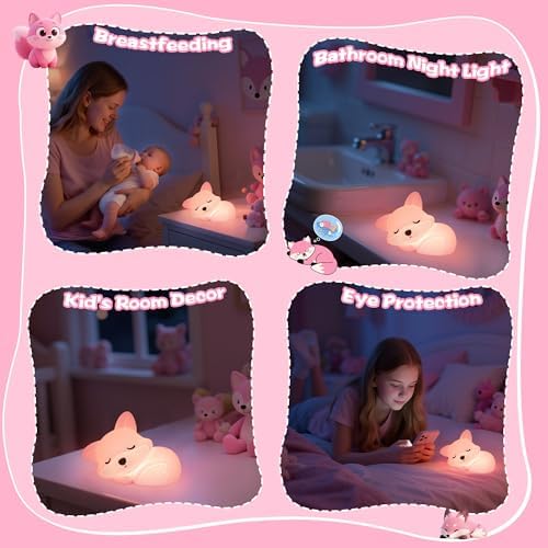 YuanDian Fox Night Light for Girls, Squishy Fox Silicone Lamp Novelty Gifts, Rechargeable Dimmable Timer Bedside Touch Nightlight for Breastfeeding Toddler Baby Kids