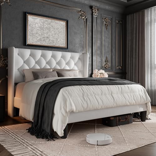 GalnFu Queen Size Bed Frame with Button Tufted Headboard, Upholstered Platform Bed Frame with UnderBed Storage, Wooden Slats Supports, Noise Free, No Box Spring Needed, Easy Assembly, White