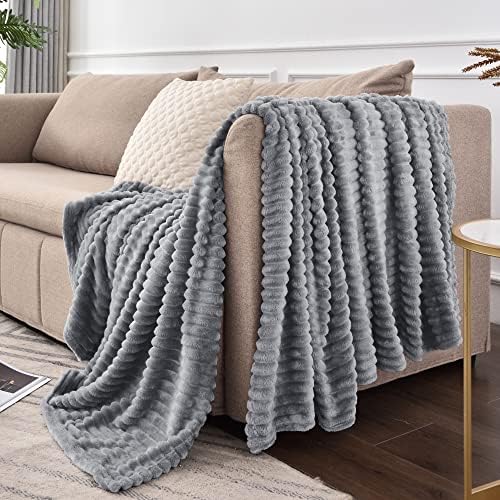 BEDELITE 3D Ribbed Jacquard Grey Full Size Blankes for Bed, 84x90 Inch