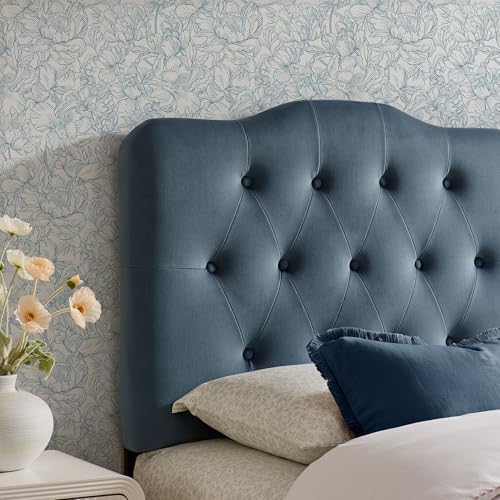 Modway Annabel Performance Velvet Adjustable Twin Headboard in Cadet Blue - Stain-Resistant Padded Headboard Only with Diamond Button Tufting and 7 Height-Adjustable Positions