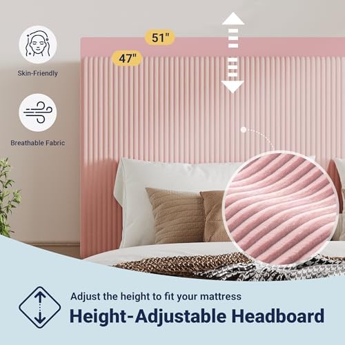 Allewie King Bed Frame, Corduroy Tufted Headboard, Light Pink