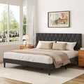 CXVX King Size Bed Frame with Diamond Tufted Headboard, Linen Upholstered Platform Bed and Wooden Slat Support, Noise-Free, No Box Spring Needed, Easy Assembly, Dark Grey