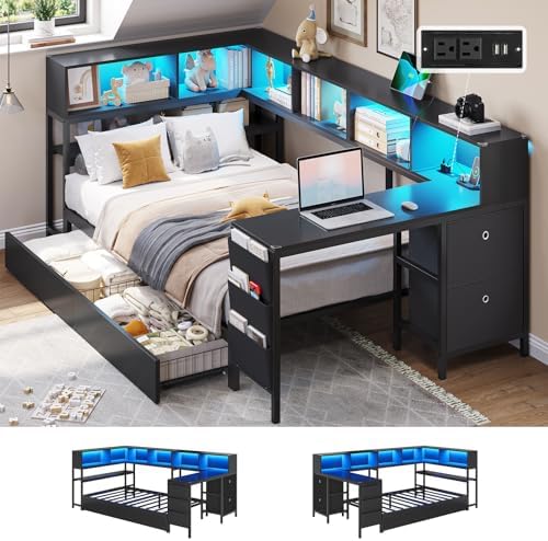 DICTAC Corner Twin Bed Frame with Desk,Charging Station and Bookcase Storage Twin Size Daybed for Kids/Teen with Storage Drawers,Led Lights and Shelves Twin Size Platform Bed Frame with Desk,Black