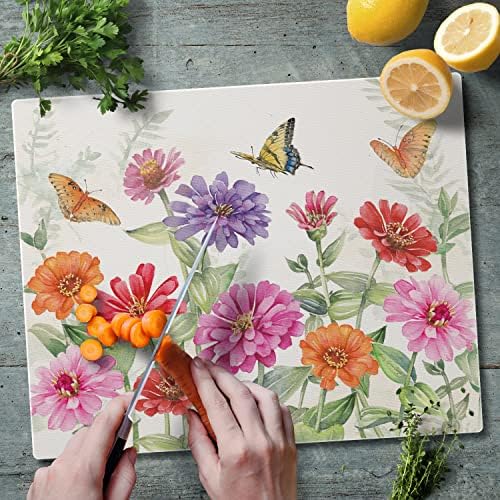 CounterArt Zinnias & Butterflies 3mm Tempered Glass Cutting Board