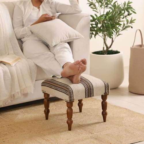 Handmade Jute Ottoman Stool with Wooden Legs | Square Upholstered Foot Rest & Accent Seating | Woven Vanity Stool for Living Room, Bedroom, Hall, Entryway & Home Décor (White Wool)