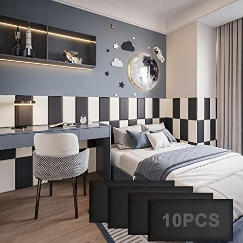 YLL YLL Peel and Stick Headboard Black Upholstered Wall Panels Pack of 10 Panels 3D Anti-Collision Wall Padding wall Mounted headboard Soundproof Wall Panels
