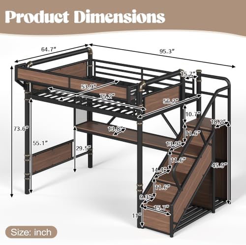 Bellemave Full Metal Loft Bed with Stairs and Desk for Kids,Adults,Black