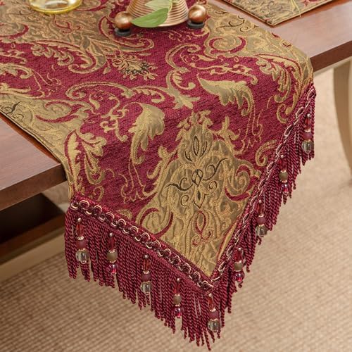 Loom and Mill Luxury Vintage Chenille Table Runner 60 Inches Long, Red