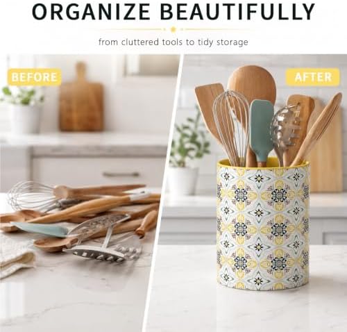 Solidith Utensil Holder Crock for Countertop,Kitchen Counter Decor,Yellow
