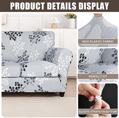 SearchI Stretch Sofa Cover Printed Couch Cover, Floral Pattern 4 Pieces Sofa Slipcover with 3 Separate Cushion Cover, Washable Furniture Protector for Living Room(Sofa, Leaf Pattern)