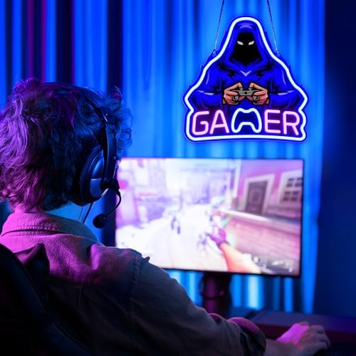 Gamer Neon Signs for Wall Decor, UV Printed Gaming Neon Light for Boys Bedroom Room, Video Game Wall Lamp, Gamer Gifts for Teen Boys Kids Men, Christmas Birthday Party Decoration