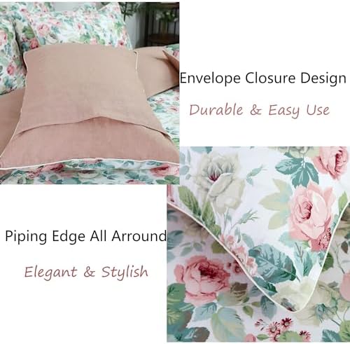 FADFAY Duvet Cover Set Queen Pink Rose Floral Bedding French Country Peony Flower Quilt Cover Set Vintage Farmhouse Bedding 100% Cotton Comforter Cover with Hidden Zipper Closure 3Pcs, Queen Size
