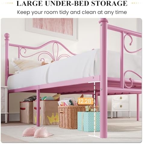 SHA CERLIN Queen Size Metal Bed Frame with Butterfly Headboard, Pink