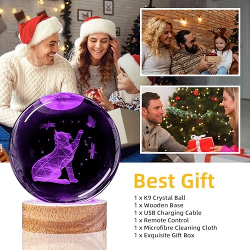 3D Cat Crystal Ball Night Light Cat Lover Gifts for Women Upgraded 3.15 In Cat Figurines Glass Ball Home Decor Lamps with 16 Color Cat Collectibles Snow Globes Gift for Girl Cat Lamp for Her Mom