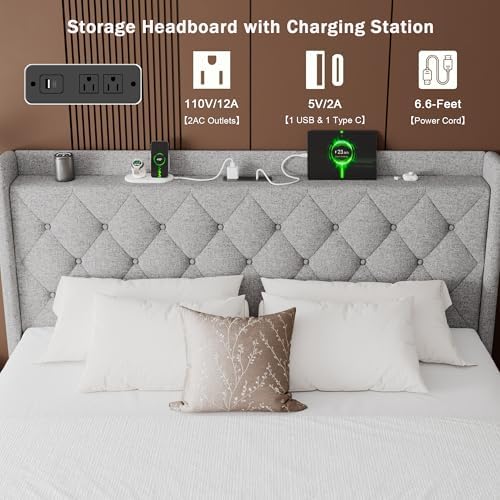 GalnFu Queen Size Bed Frame with Storage, Upholstered Queen Lift up Storage Bed Frame with Charging Station, Button Tufted Headboard, No Box Spring Needed, Easy Assembly, Noise Free, Light Gray