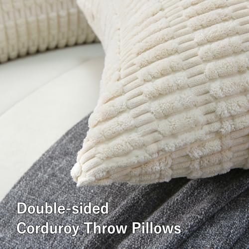 2 Pack Corduroy Decorative Throw Pillow with Inserts, 18x18 Inch Soft Boho Throw Pillow, Square Striped Throw Pillows for Couch, Bed, Sofa Decor (White)