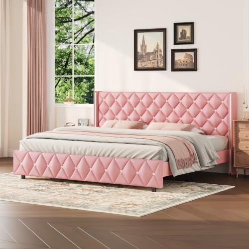 HOMBCK King Bed Frame with Leather Headboard, Silverside Wingback, Pink