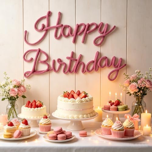 Pink Happy Birthday Sign Knitted Wire Words Birthday Wall Hanging Decor