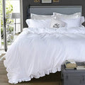 White Shabby Ruffle Duvet Cover Full Size,Washed Cotton Farmhouse Boho Chic Aesthetic Cute Bedding Comforter Quilt Cover 3 Pieces Ultra Soft and Breathable Zipper Closure & Corner Ties