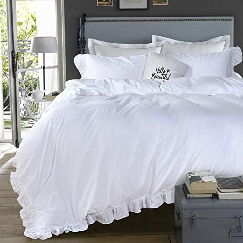 Washed Cotton Ruffled King Duvet Cover Set,Vintage White Shabby Boho Chic Ruffle Farmhouse Bedding Comforter Quilt Cover 3 Pieces Aesthetic French Country Cottage King Bedding