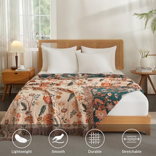 Bailix Boho Throw Blanket, 100% Cotton, Woven Floral Pattern, 80"x90"