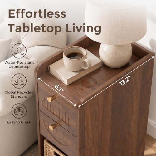 Narrow Nightstand Set of 2, Bedside Table with 2 Drawers, Walnut