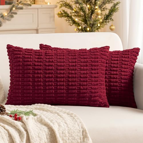MIULEE Christmas Lumbar Corduroy Decorative Pillow Covers 12x20 Burgundy