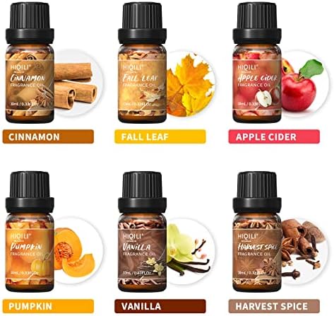 HIQILI Spice Fragrance Oil, Scented Oil 6x10ml for Candle Making Soap Slime, Fall Essential Oils for Diffuser Home, Cinnamon Pumpkin Vanilla Apple Cider Harvest Spice Fall Leaf, Christmas (Pack of 2)