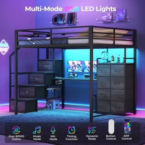 Full Size Loft Bed with Desk, Storage Stairs, LED Lights, Grey