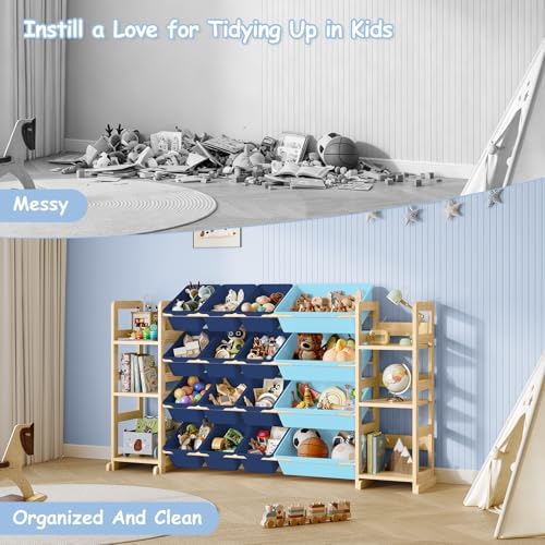 EXPERLAM Extra Large Toy Storage - Toy Storage Organizer, Wooden Toy Organizer with 6 Side Shelves and 16 Bins, 3-in-1 Bookshelf for Kids Rooms, Playroom, Nursery, Blue