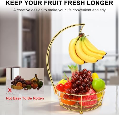 Livabber Countertop Fruit Basket Bowl with Banana Hanger, Modern Standing Fruit Vegetable Bowl Storage, with Banana Tree Holder for Kitchen Dinning Table (Round Metal, Gold)