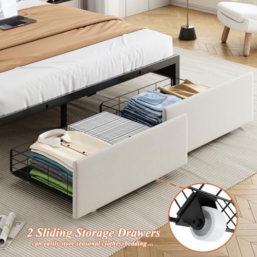 Queen Bed Frame with Storage Headboard and 2 Drawers, Upholstered Button Tufted Platform Bed Frame Queen Size with LED Lights, Charging Station, No Box Spring Needed, Noise Free, Easy Assembly, Beige