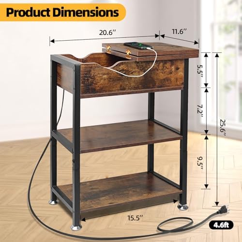 Flip Top End Table with Charging Station Set of 2, 12" D x 21" W x 26" H