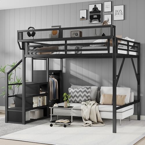 Queen Size Metal Loft Bed with Storage Stairs & Open Wardrobe, Black