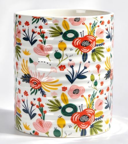 Kitchen Utensil Holder,7.2-inch Extra Large Ceramic Garden Floral Pattern Utensil Crock,Cooking Utensil Organizer for Kitchen Counter Decor,Storage Caddy Farmhouse Gift Mint Flowers