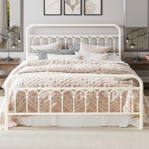 Allewie King Size Metal Platform Bed Frame with Headboard, Cream