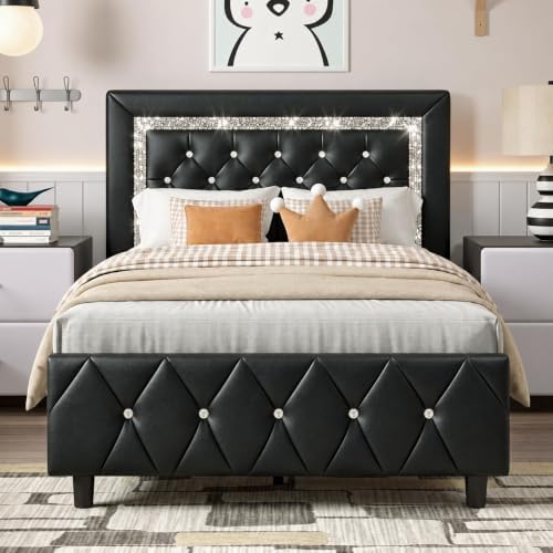 HOMBCK Twin Bed Frame with Headboard, Diamond Tufted Design, Black