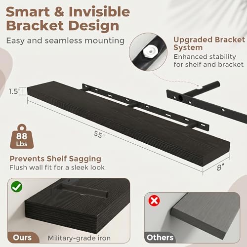 55 Inch Floating Shelves for Wall, 8"D Wood Storage Shelves, Black Finish