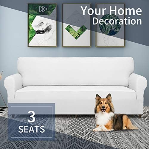 JIVINER High Stretch Couch Covers for 3 Cushion Couch 1-Piece Jacquard Elastic Sofa Slipcovers Anti Slip Sofa Cover with Elastic Bottom Furniture Protector for Kids Pets (Sofa, White)